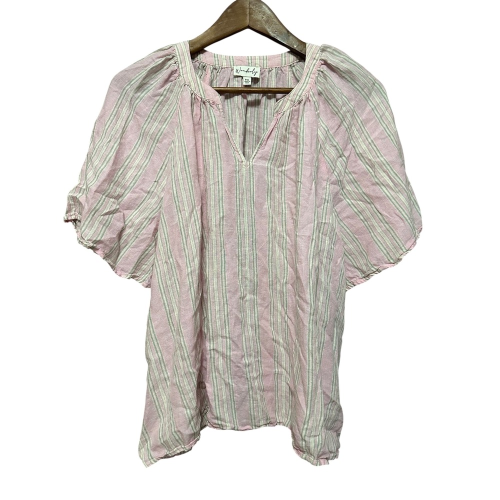 Wonderly Women's Pink Striped V-Neck Short Sleeve Lightweight Blouse Top